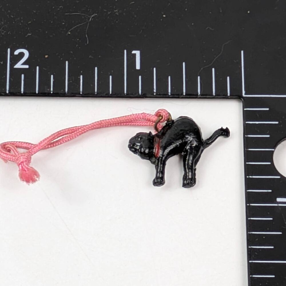 Vtg Black Cat Halloween Charm Plastic Miniature Pink Cord Celluloid Cracker Jack